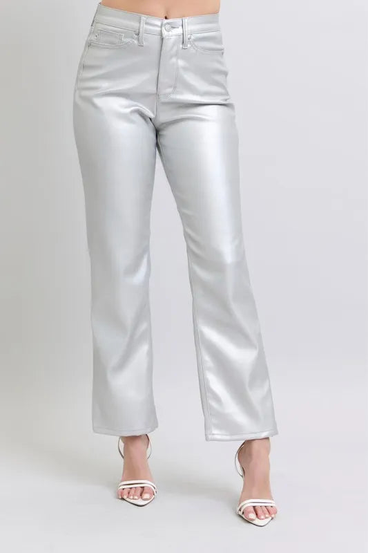 Judy Blue Full Size High Waist Silver Faux Leather Pants Plus Size METALLIC SILVER / 0(24)