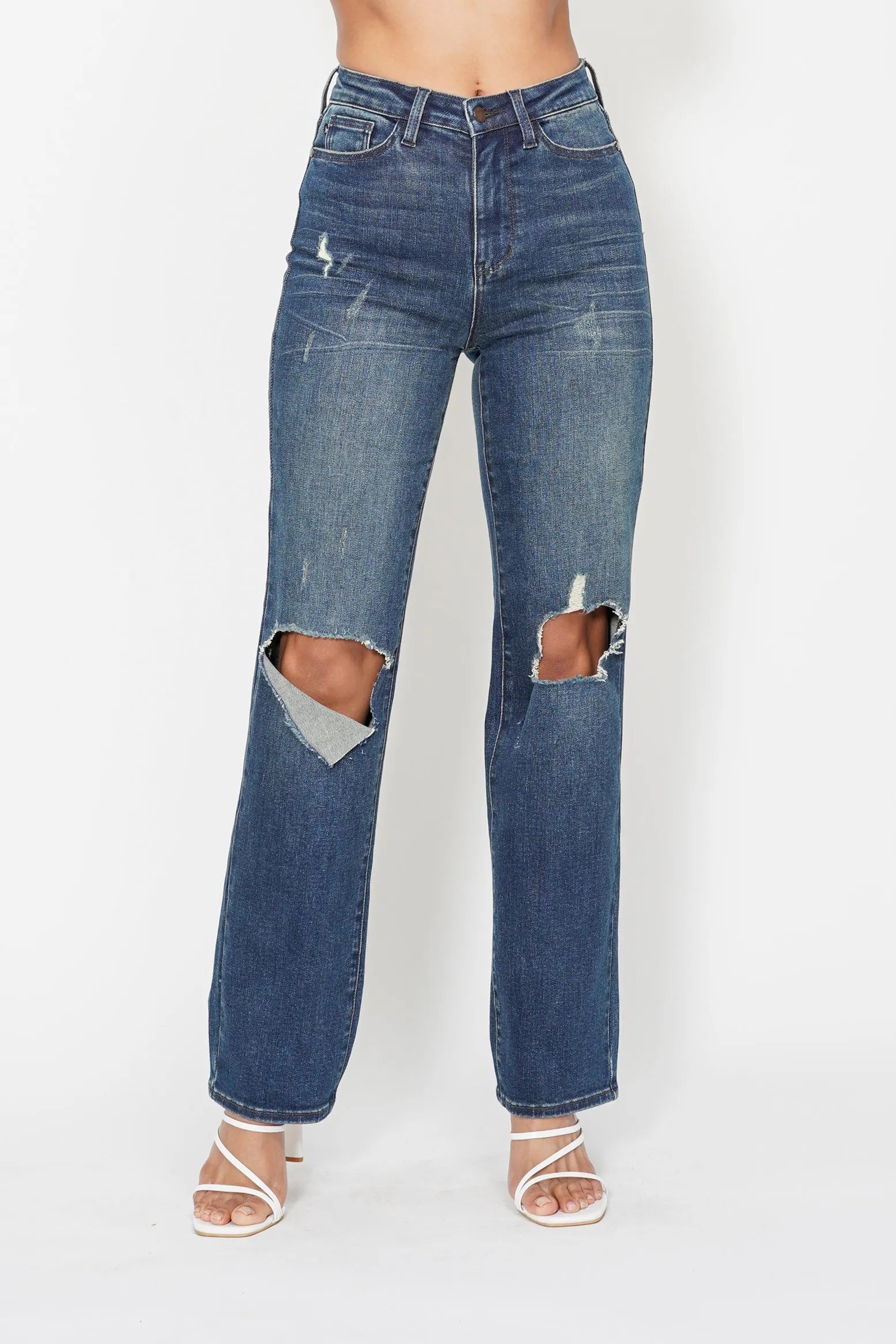 Judy Blue Full Size Hw Ripped Knee Dad Jeans Plus Size DK / 0(24)