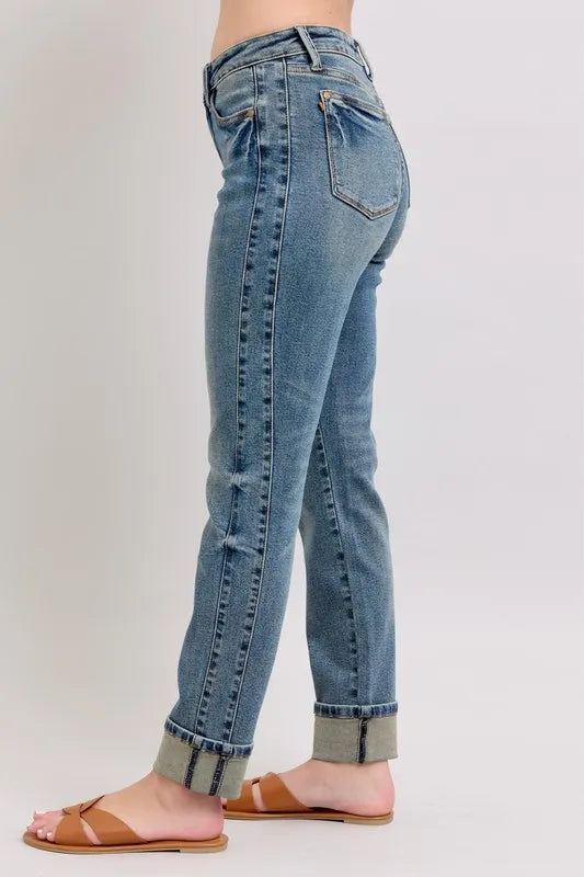 Judy Blue Full Size Mid Rise Vintage Wash Double Roll Cuff Boyfriend Jeans Plus Size