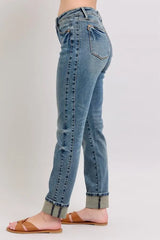 Judy Blue Full Size Mid Rise Vintage Wash Double Roll Cuff Boyfriend Jeans Plus Size