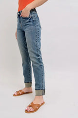 Judy Blue Full Size Mid Rise Vintage Wash Double Roll Cuff Boyfriend Jeans Plus Size