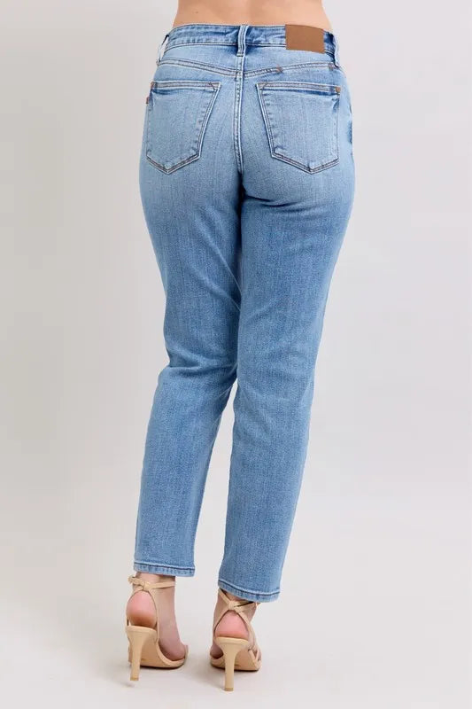 Judy Blue Full Size Mid Rise Vintage Wash Slim Jeans with Cell Phone Pocket Plus Size