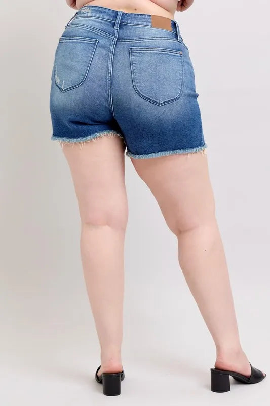 Judy Blue Full Size V-Front Denim Shorts with Shield Pockets Plus Size