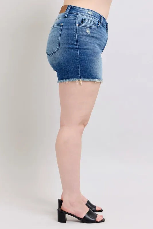 Judy Blue Full Size V-Front Denim Shorts with Shield Pockets Plus Size