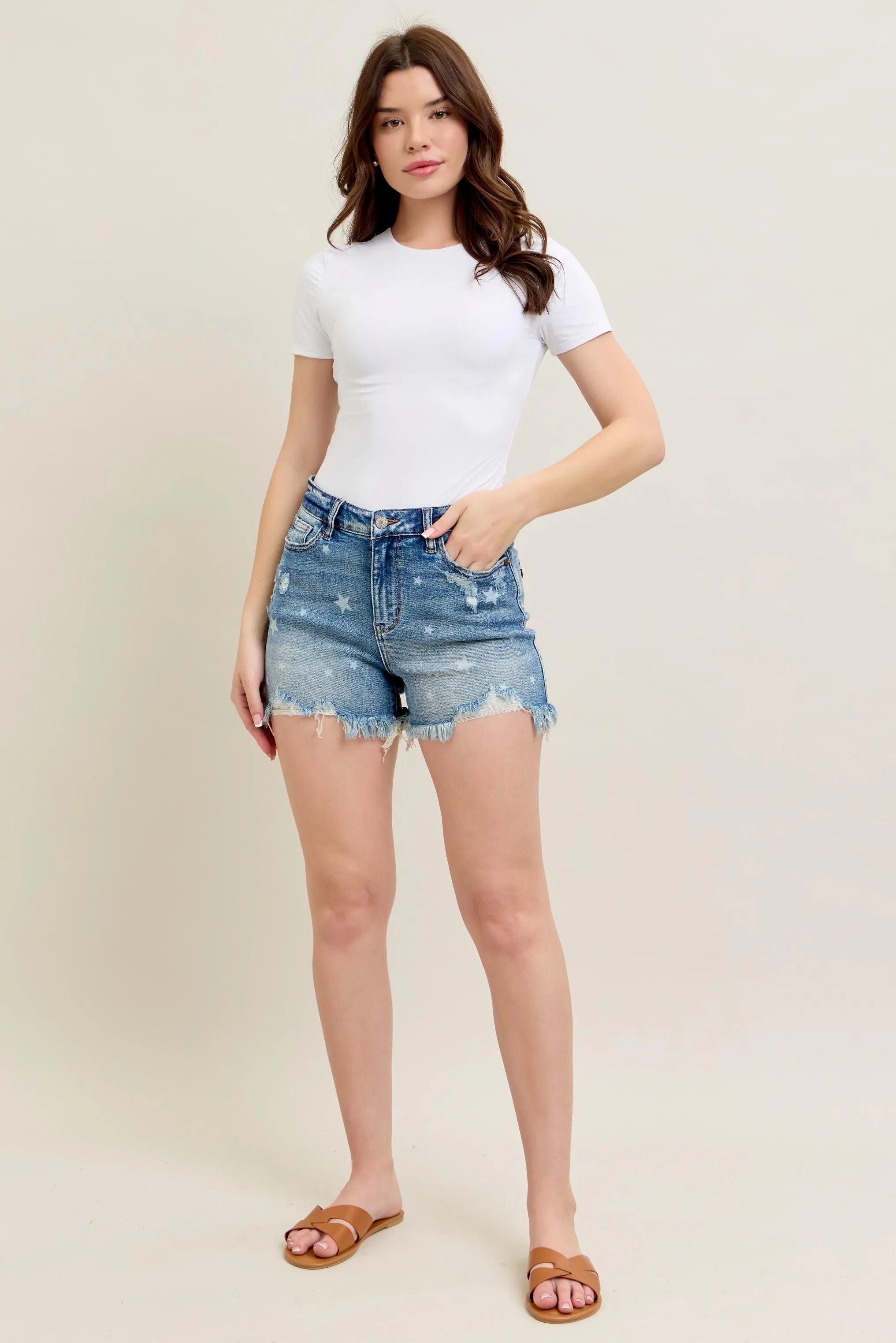 Judy Blue Hw Star Print Cut Off Destroy Denim Shorts