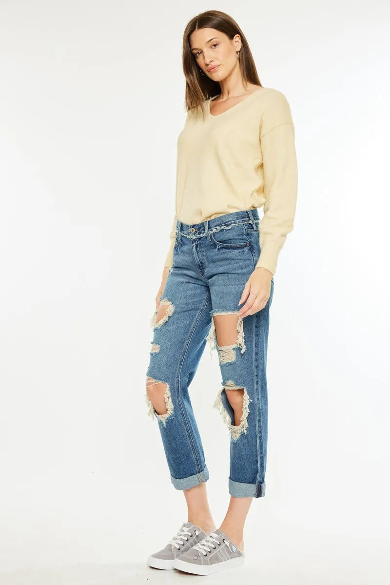 Kancan Distressed Mid Rise True Boyfriend Jeans