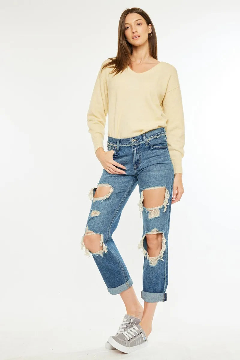 Kancan Distressed Mid Rise True Boyfriend Jeans