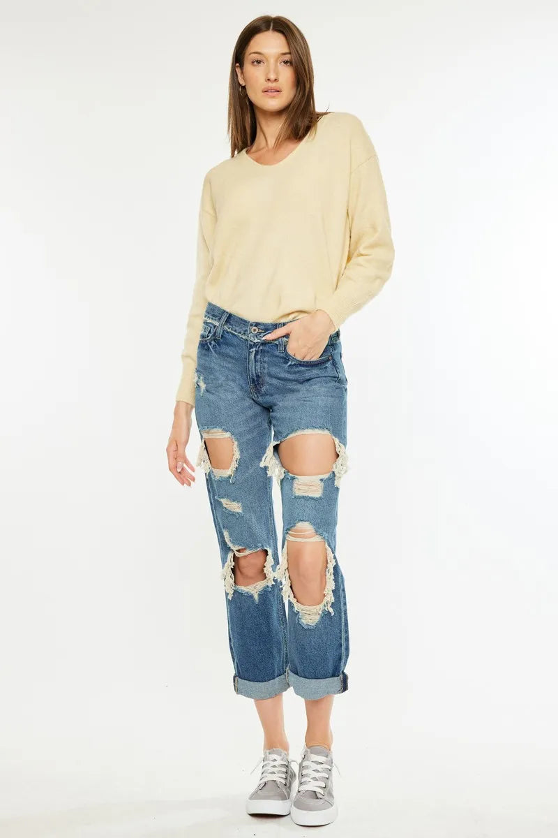 Kancan Distressed Mid Rise True Boyfriend Jeans
