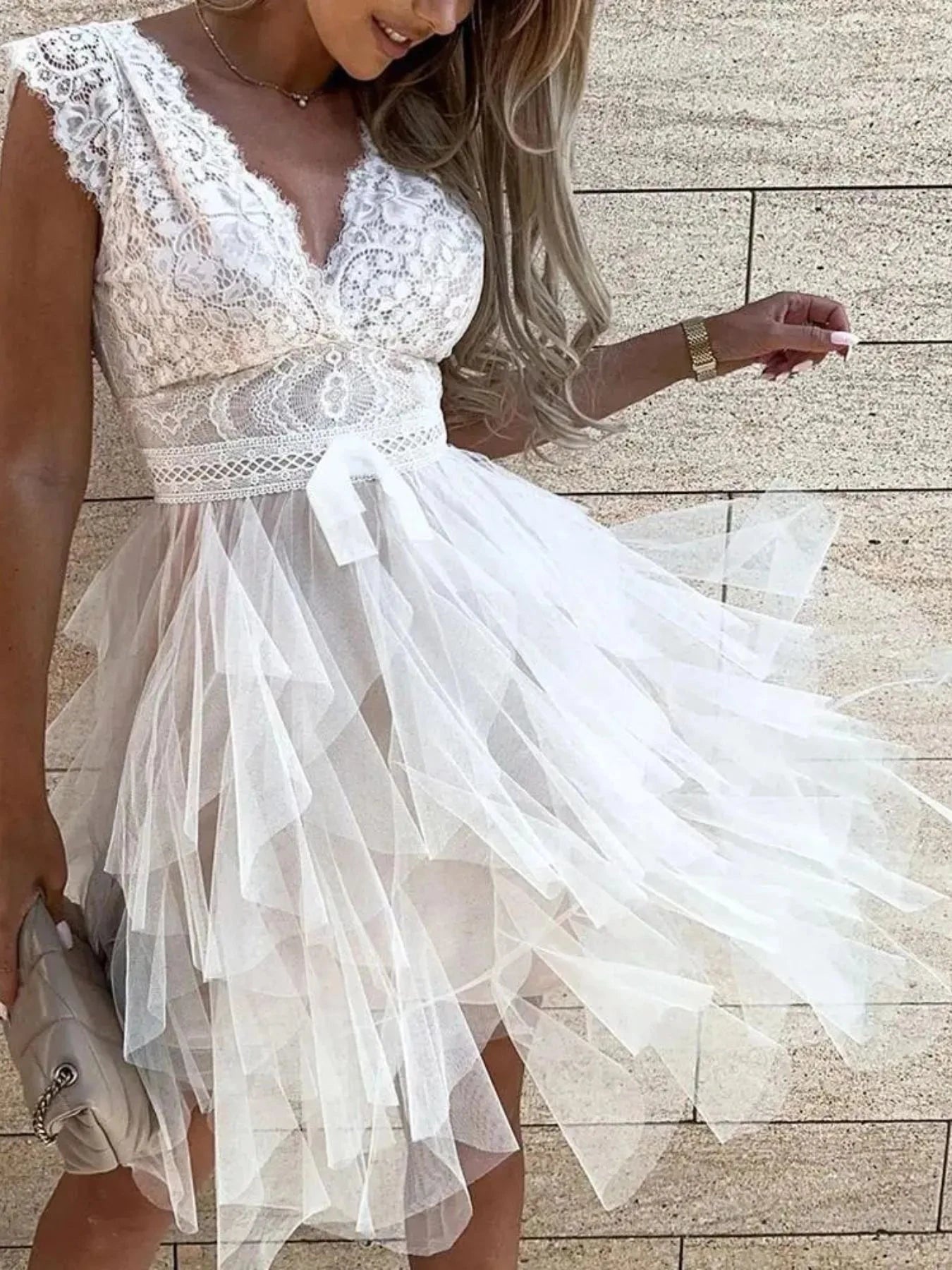 Lace Bodice Layered Tulle Dress White / S