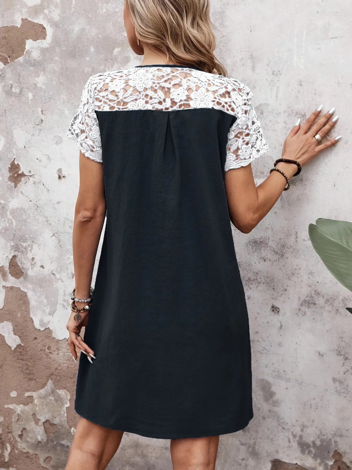 Lace Button Detail Round Neck Mini Dress