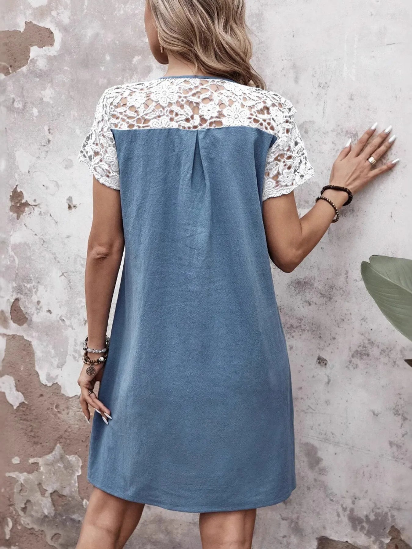 Lace Button Detail Round Neck Mini Dress