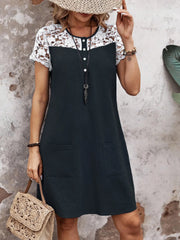 Lace Button Detail Round Neck Mini Dress Black / S
