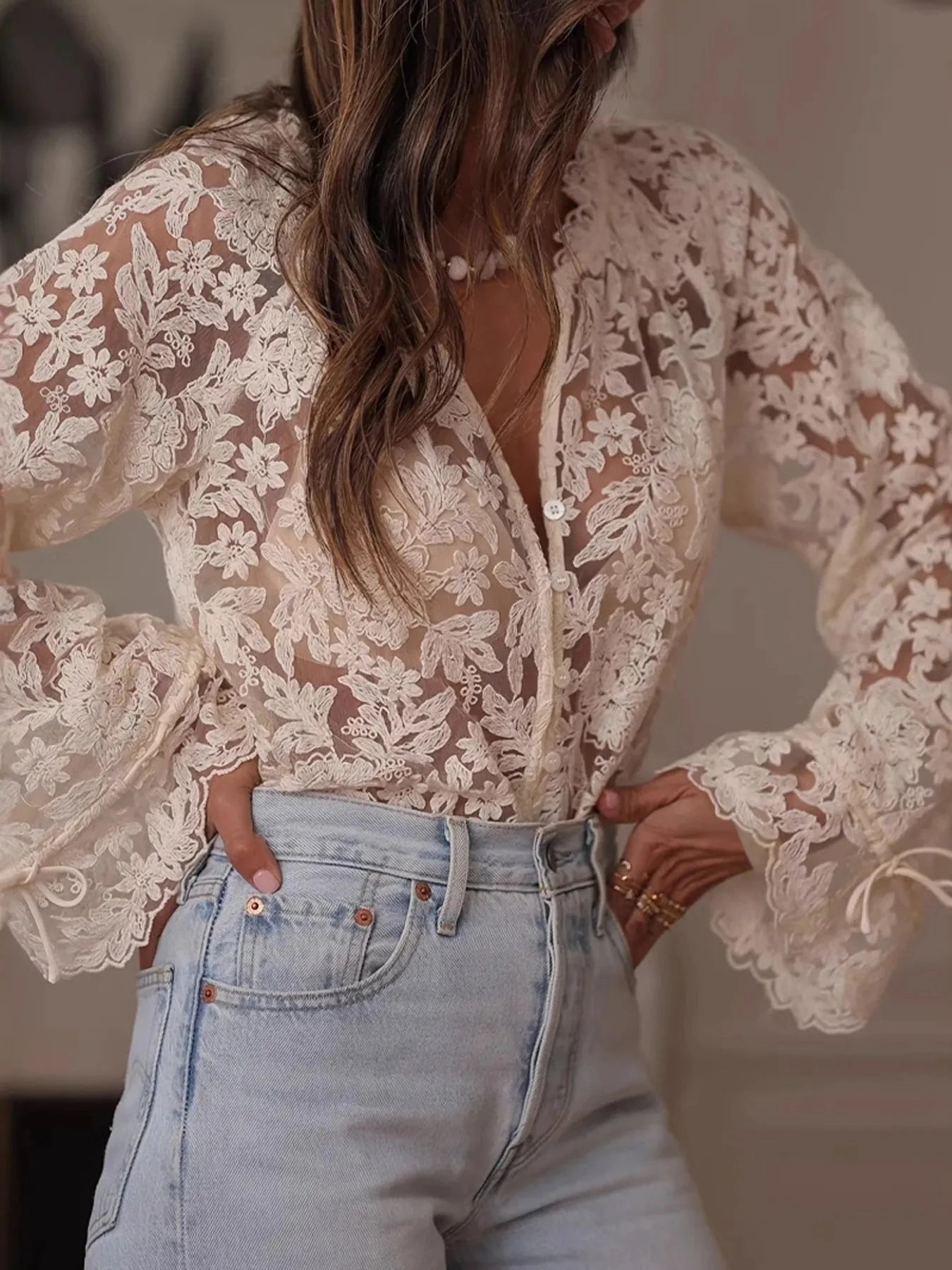 Lace Button Up Long Sleeve Shirt Off-white / S