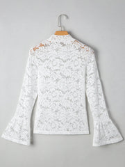 Lace Crochet Bell Sleeve Mock Neck Blouse
