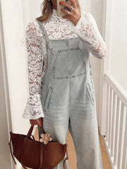 Lace Crochet Bell Sleeve Mock Neck Blouse