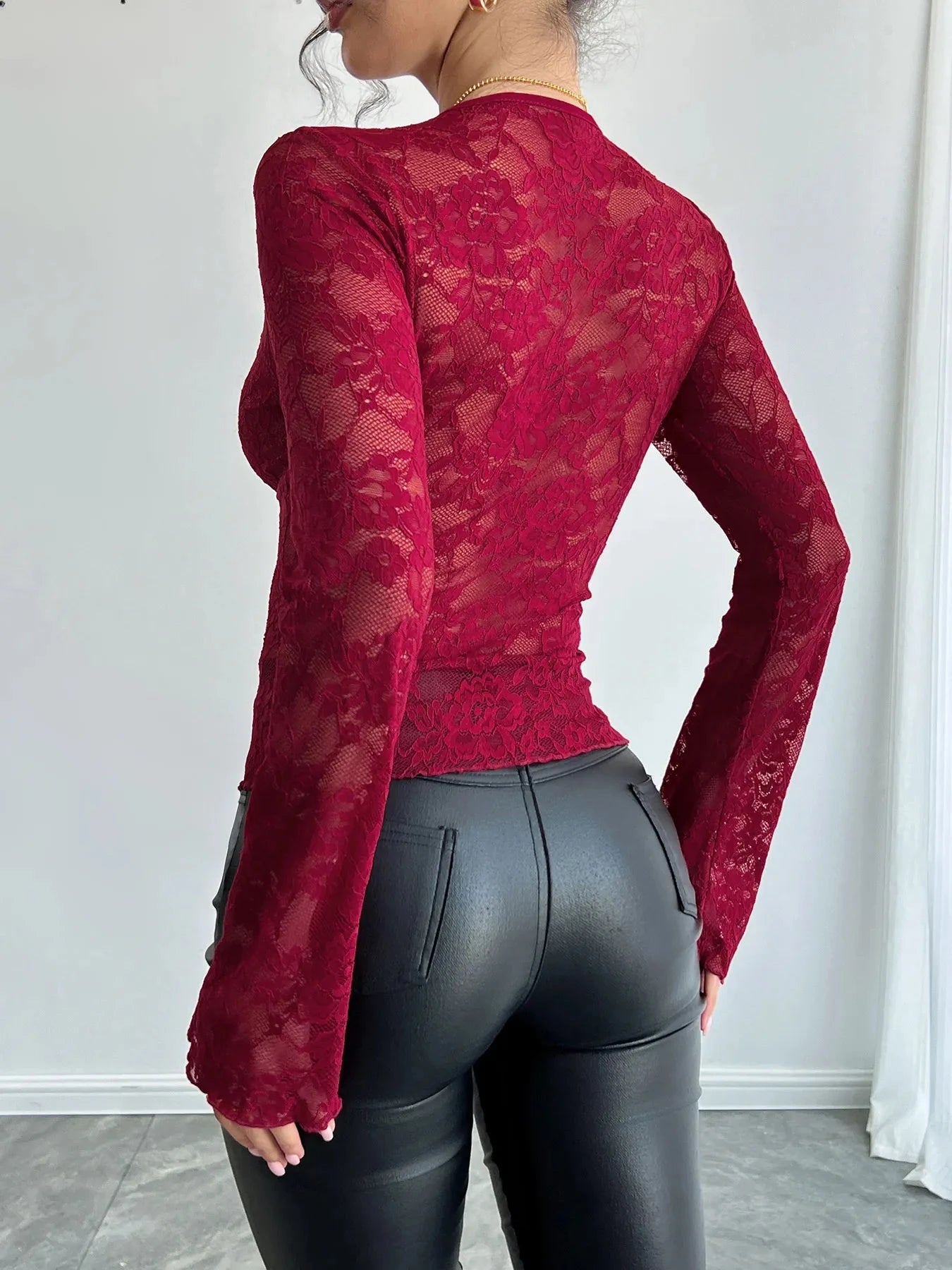 Lace Deep V-Neck Long Sleeve T-Shirt