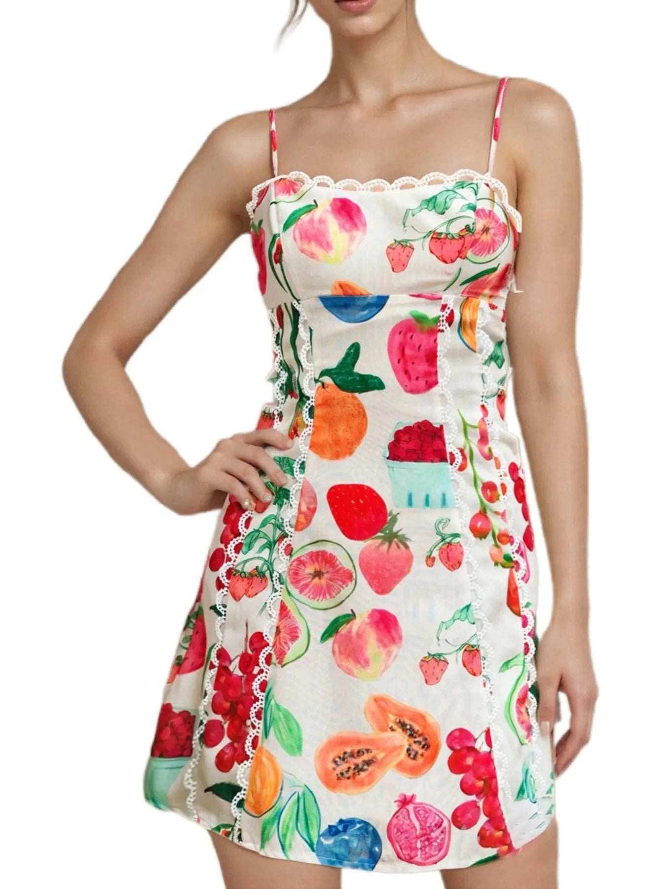 Lace Detail Fruit Print Cami Dress