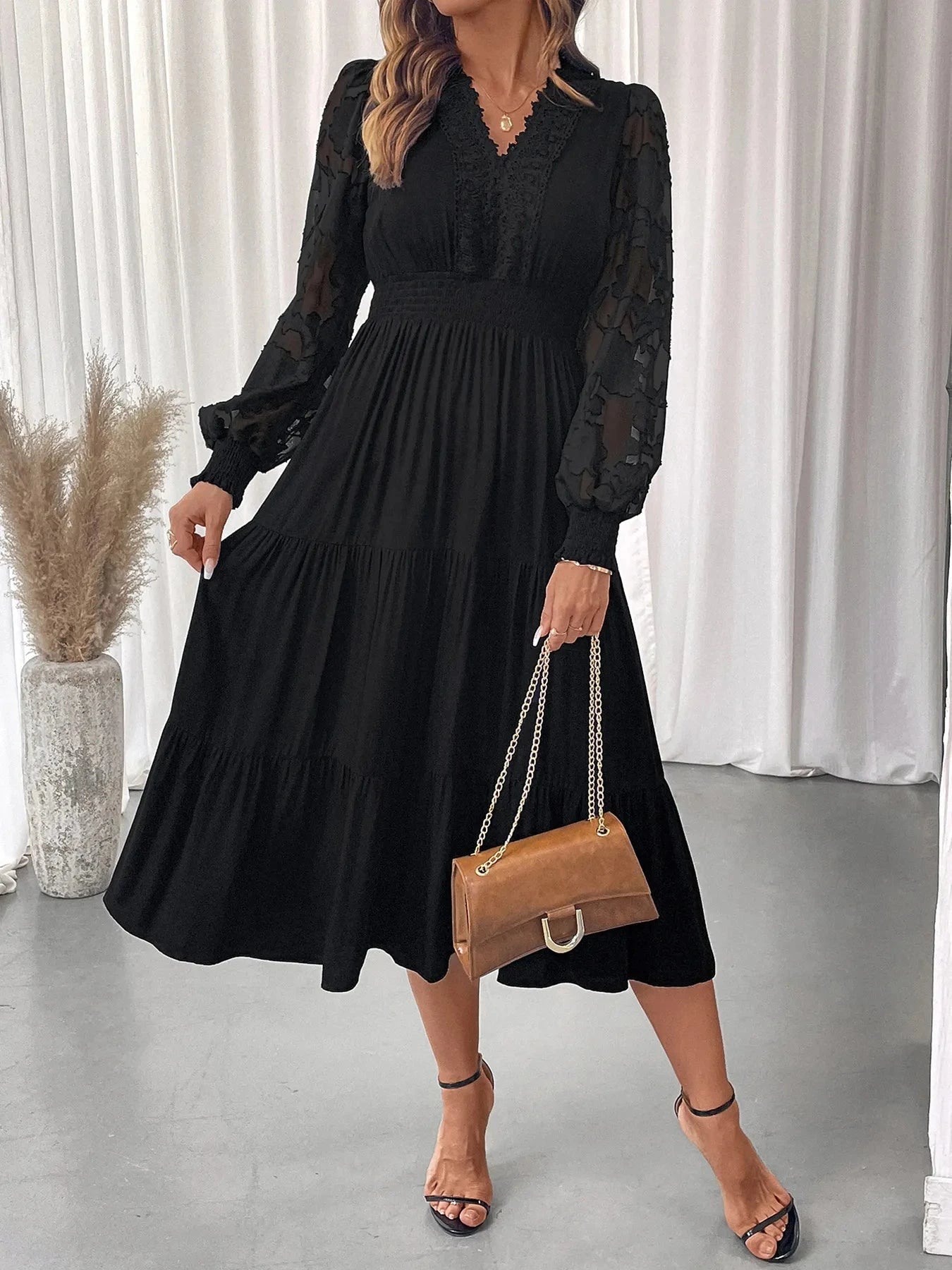 Lace Detail Lantern Sleeve Tiered Dress
