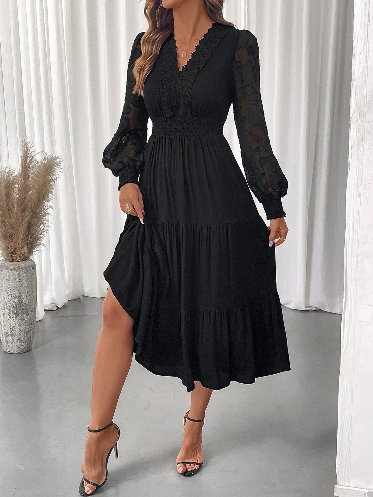 Lace Detail Lantern Sleeve Tiered Dress Black / S