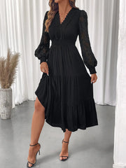 Lace Detail Lantern Sleeve Tiered Dress Black / S
