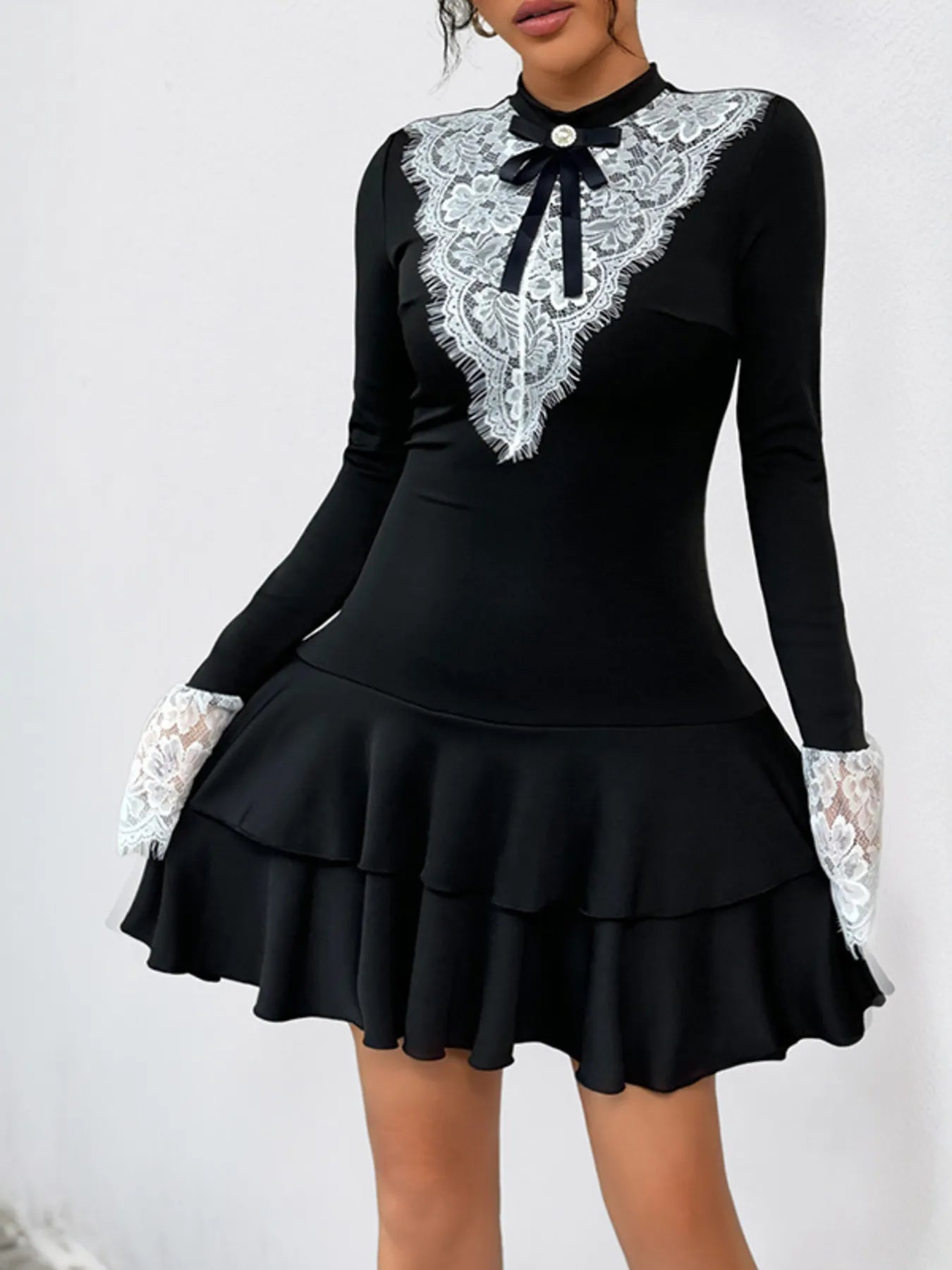 Lace Detail Long Sleeve Mini Dress Black / S