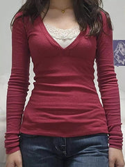 Lace Detail Long Sleeve T-Shirt Red / S