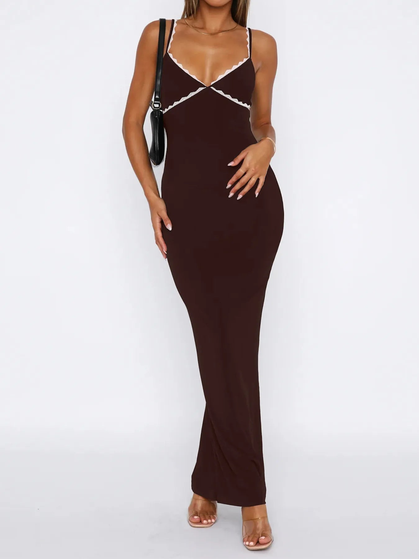 Lace Detail Slim Fit Bodycon Maxi Dress Brown / S