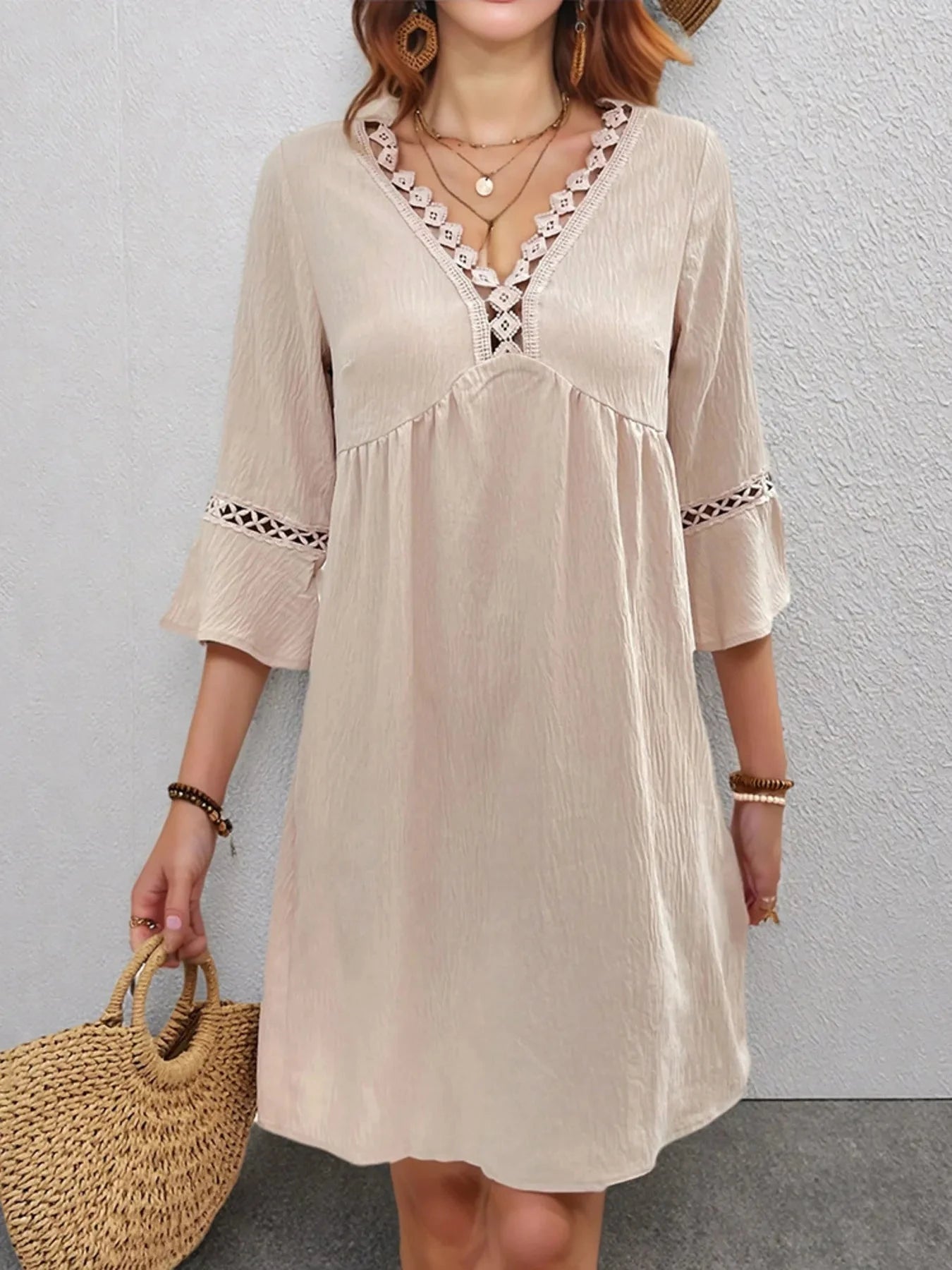 Lace Detail V-Neck Bell Sleeve Dress