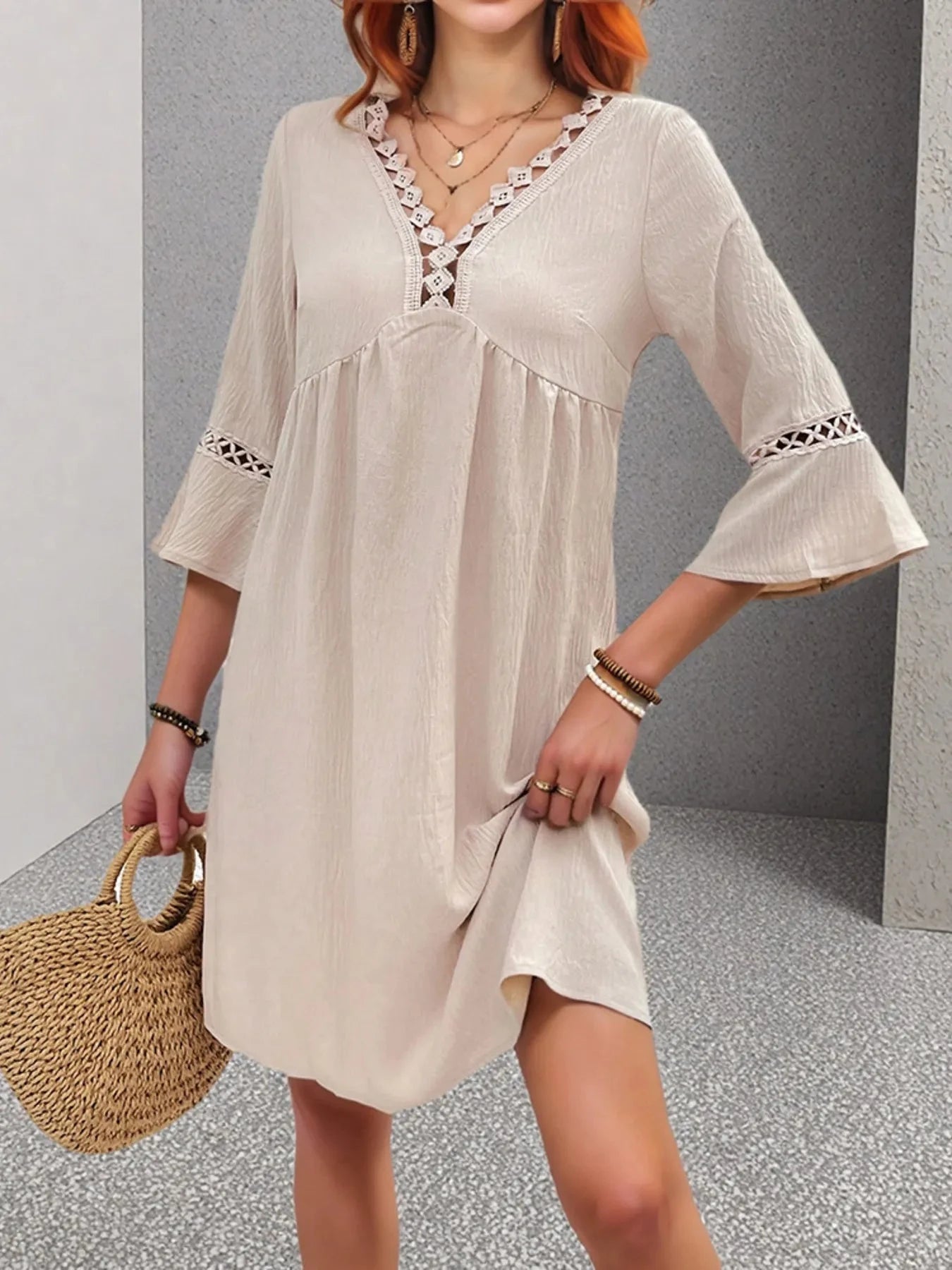 Lace Detail V-Neck Bell Sleeve Dress