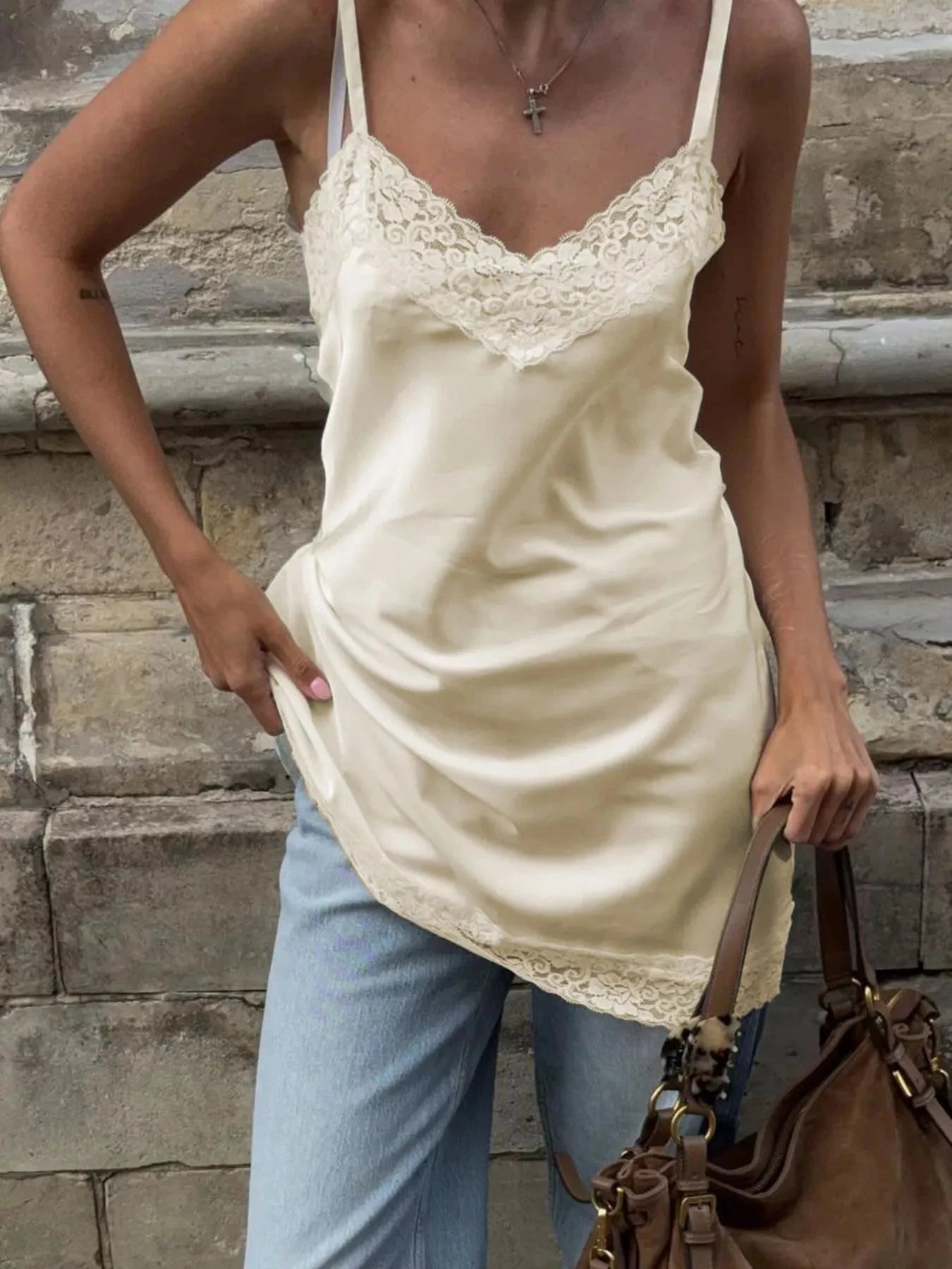 Lace Detail V-Neck Cami Cream / S