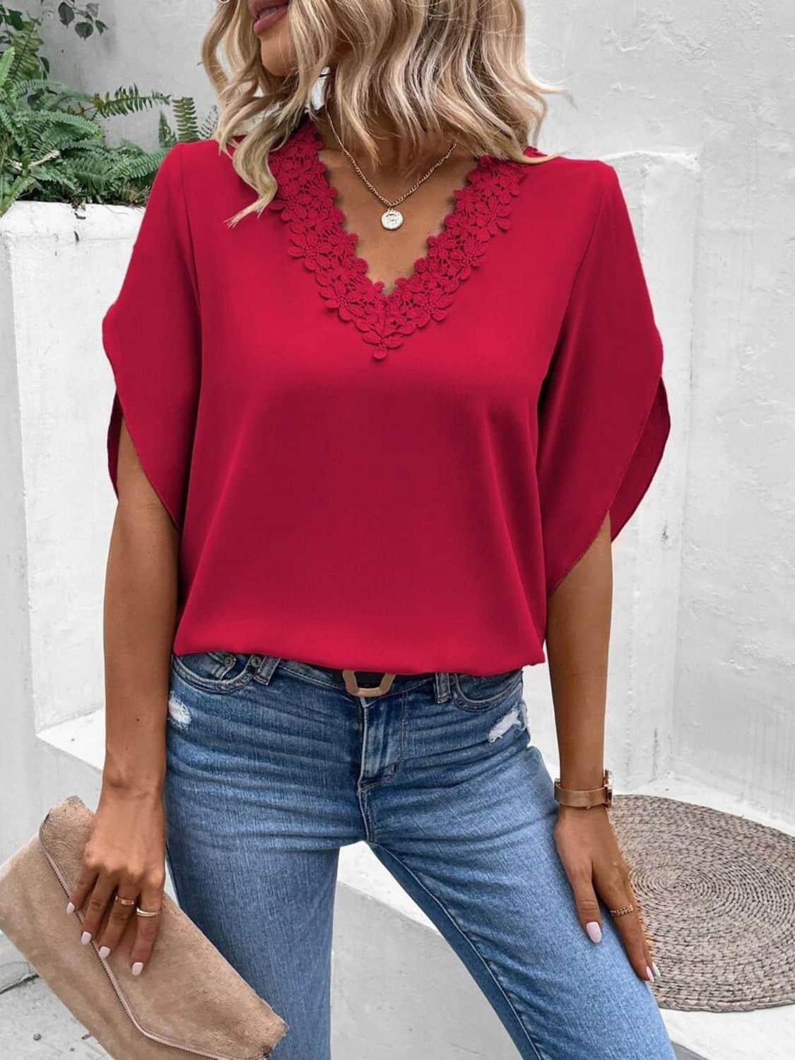 Lace Detail V-Neck Half Sleeve Blouse Deep Red / S