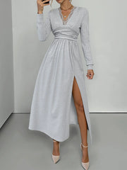 Lace Detail V-Neck Maxi Dress with Side Slit