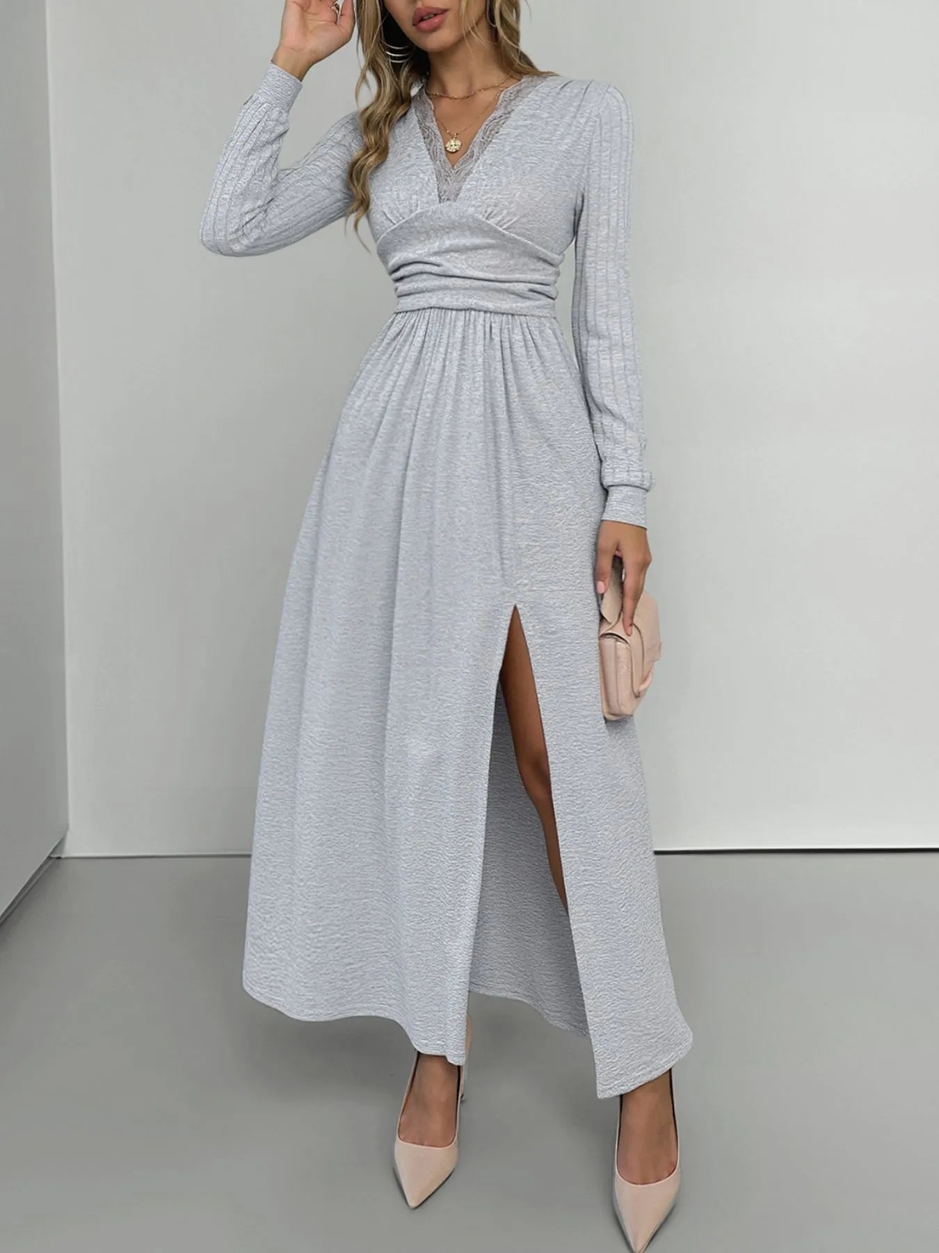 Lace Detail V-Neck Maxi Dress with Side Slit Light Gray / S