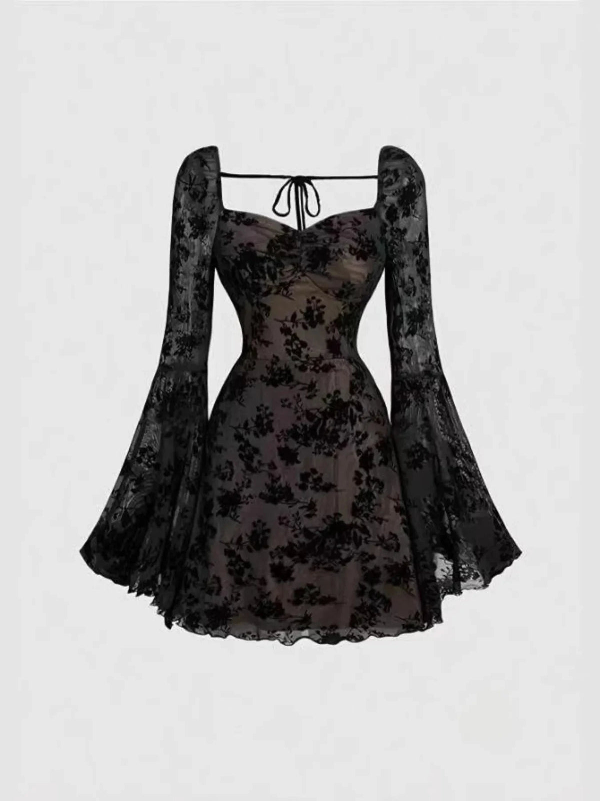 Lace Flare Sleeve Mini Dress Black / XS
