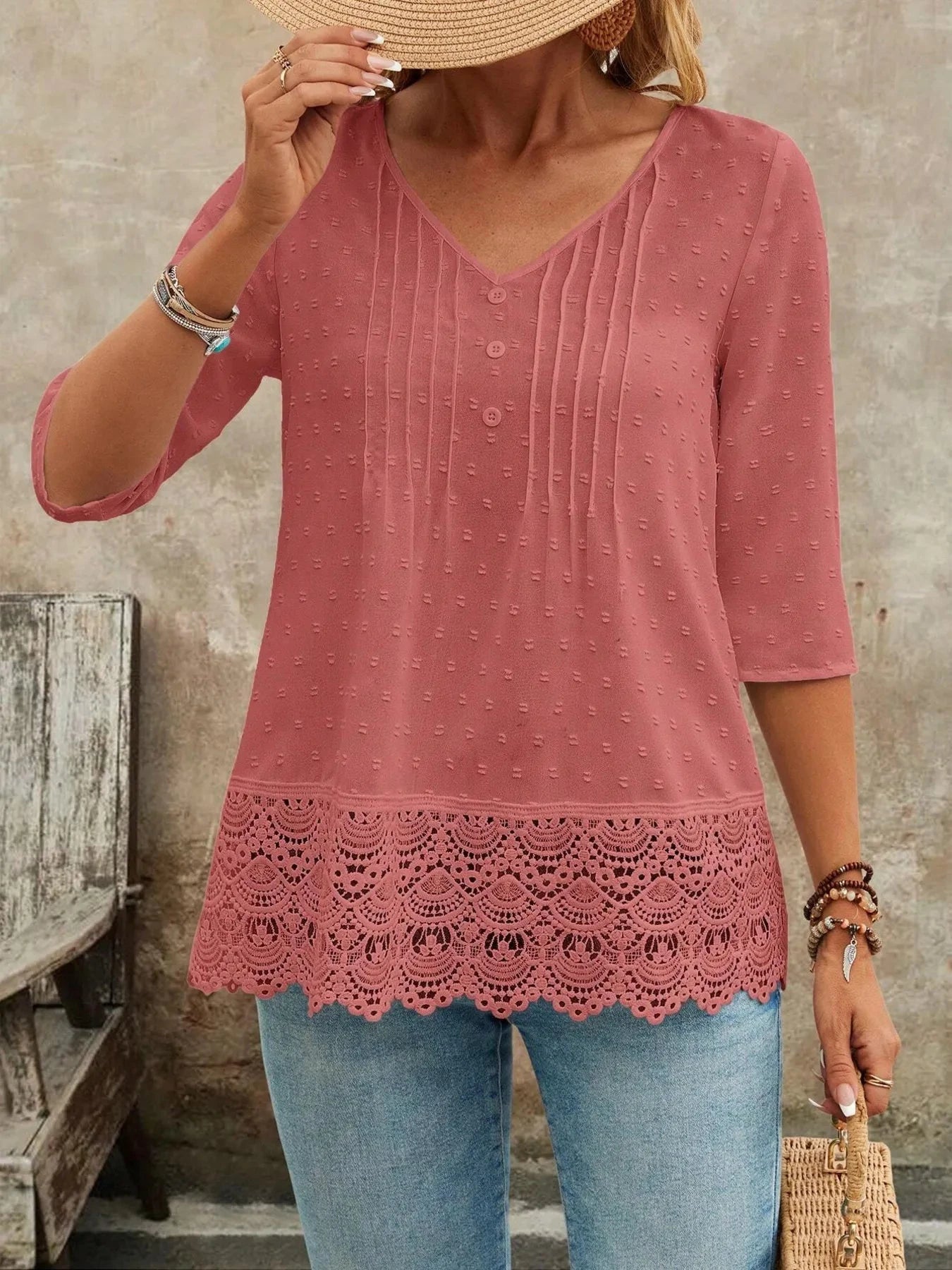 Lace Hem V-Neck Blouse