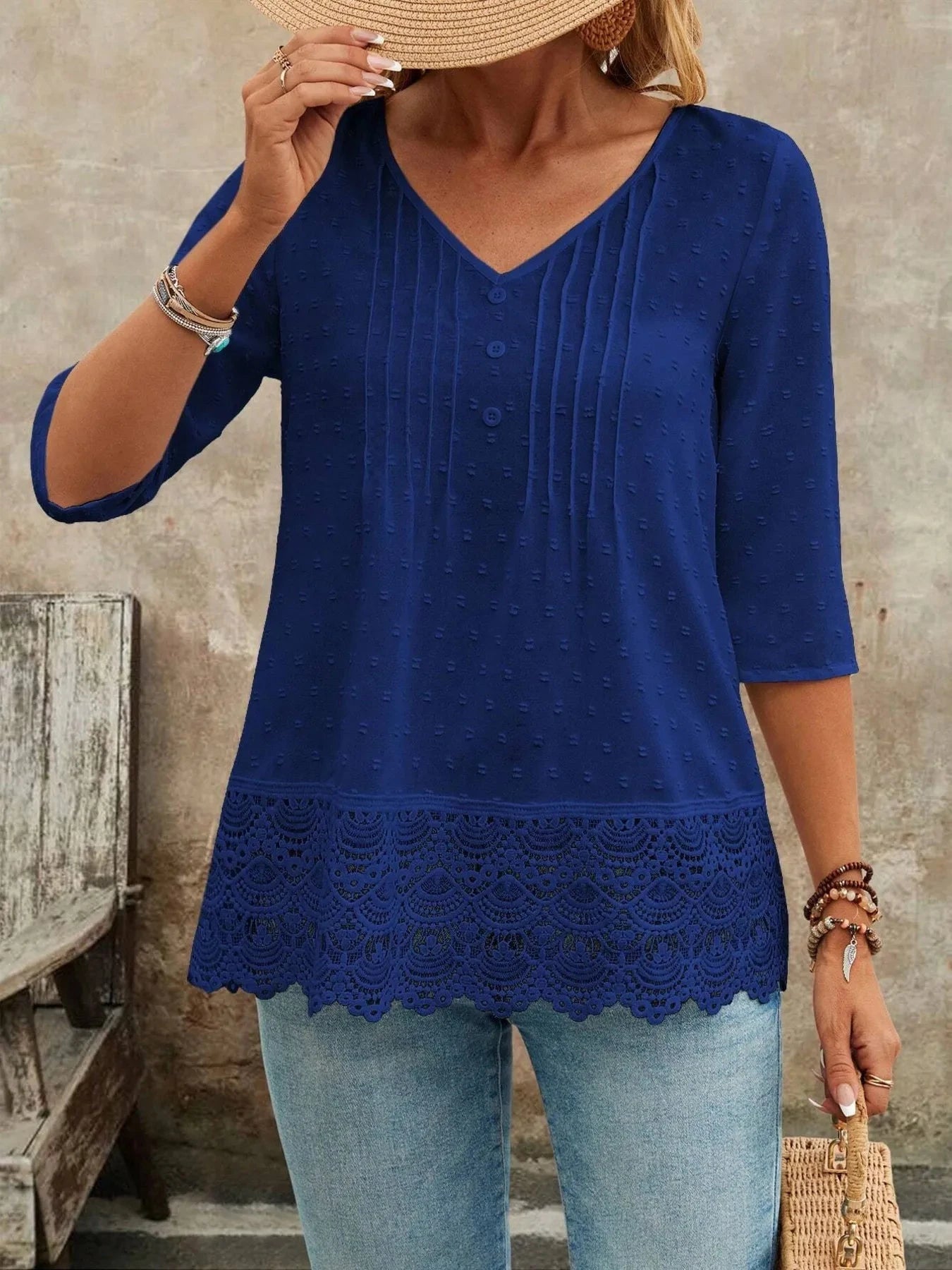 Lace Hem V-Neck Blouse