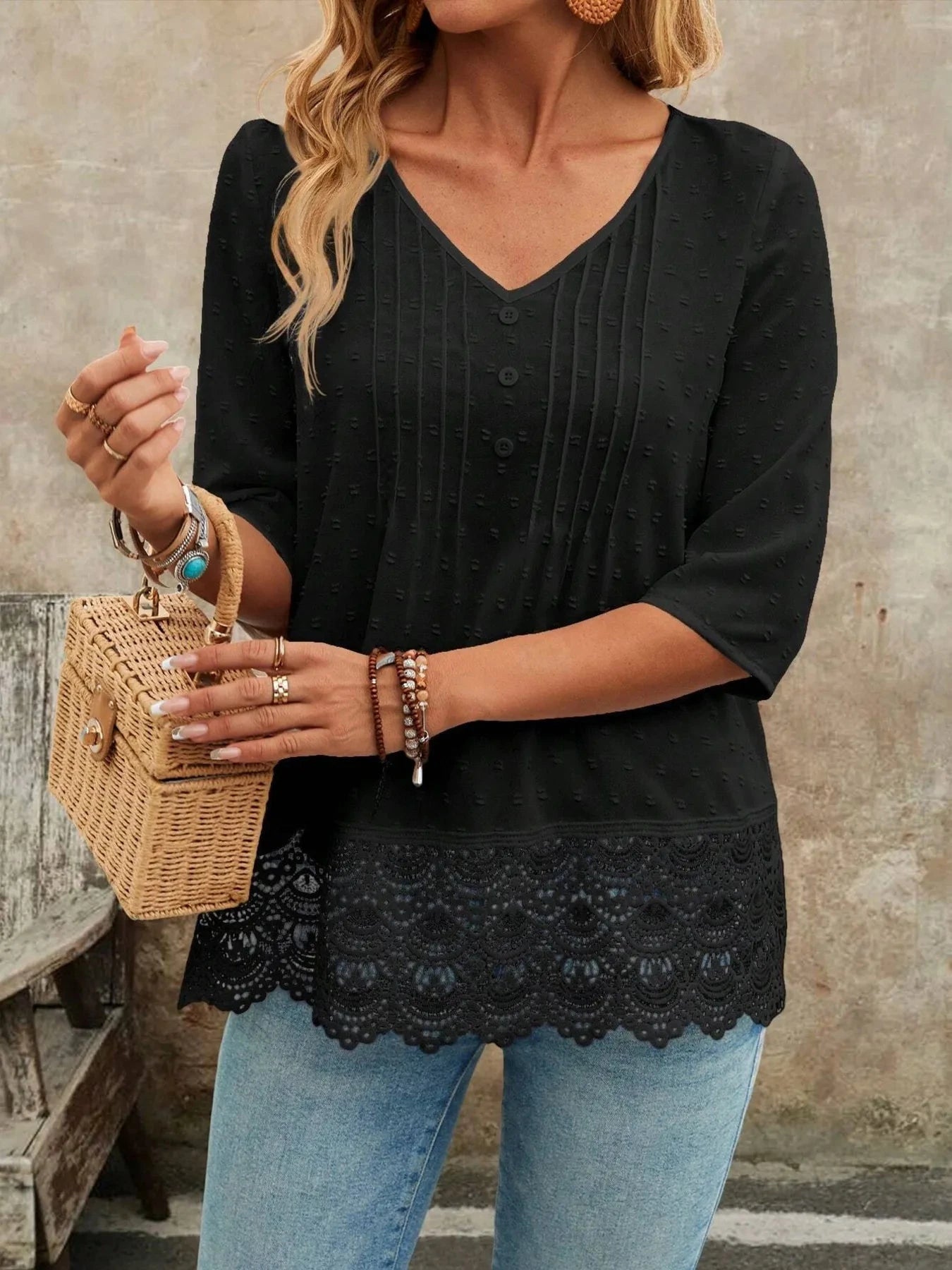 Lace Hem V-Neck Blouse