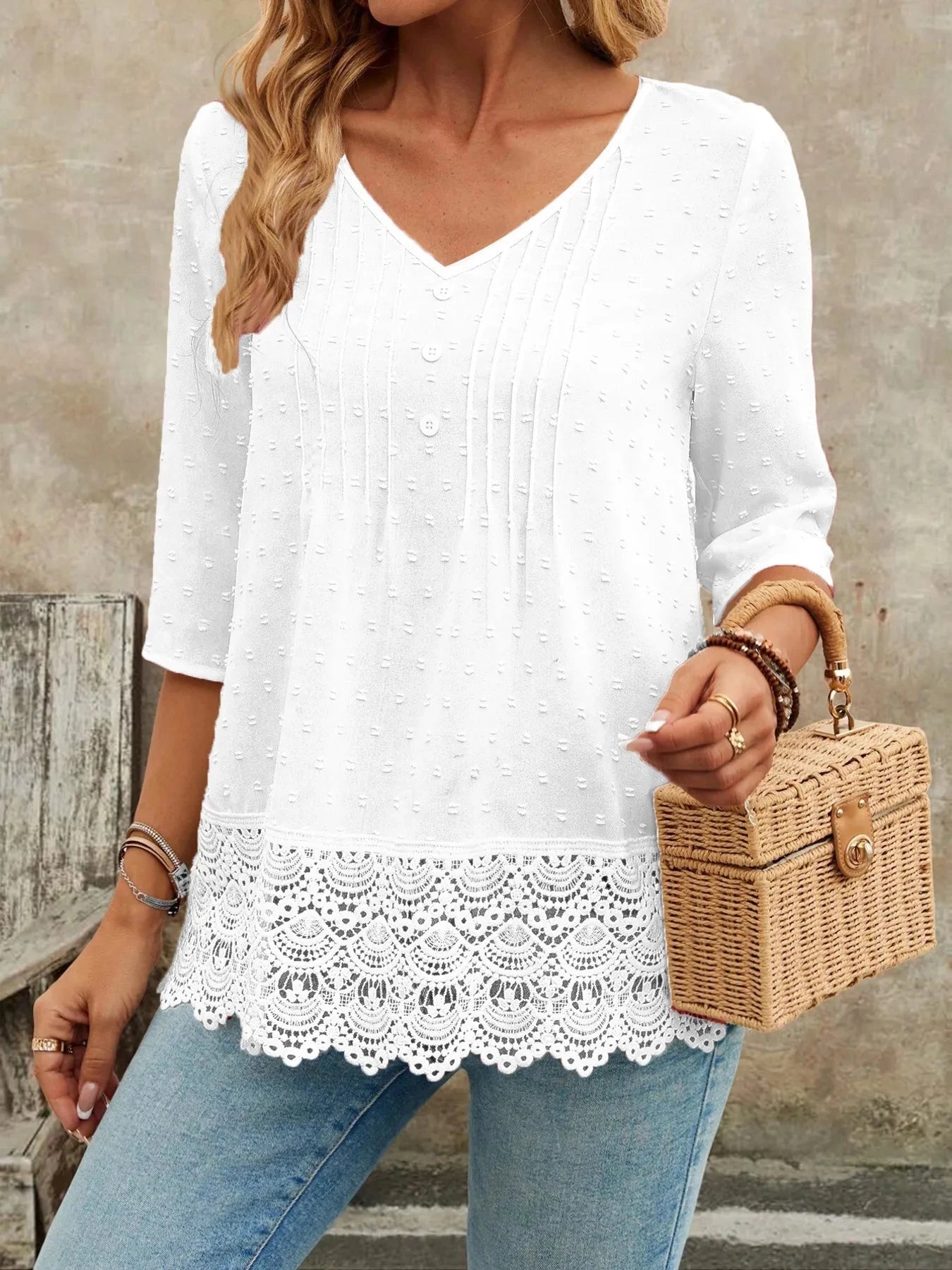 Lace Hem V-Neck Blouse