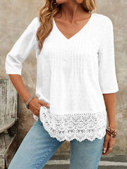 Lace Hem V-Neck Blouse White / S