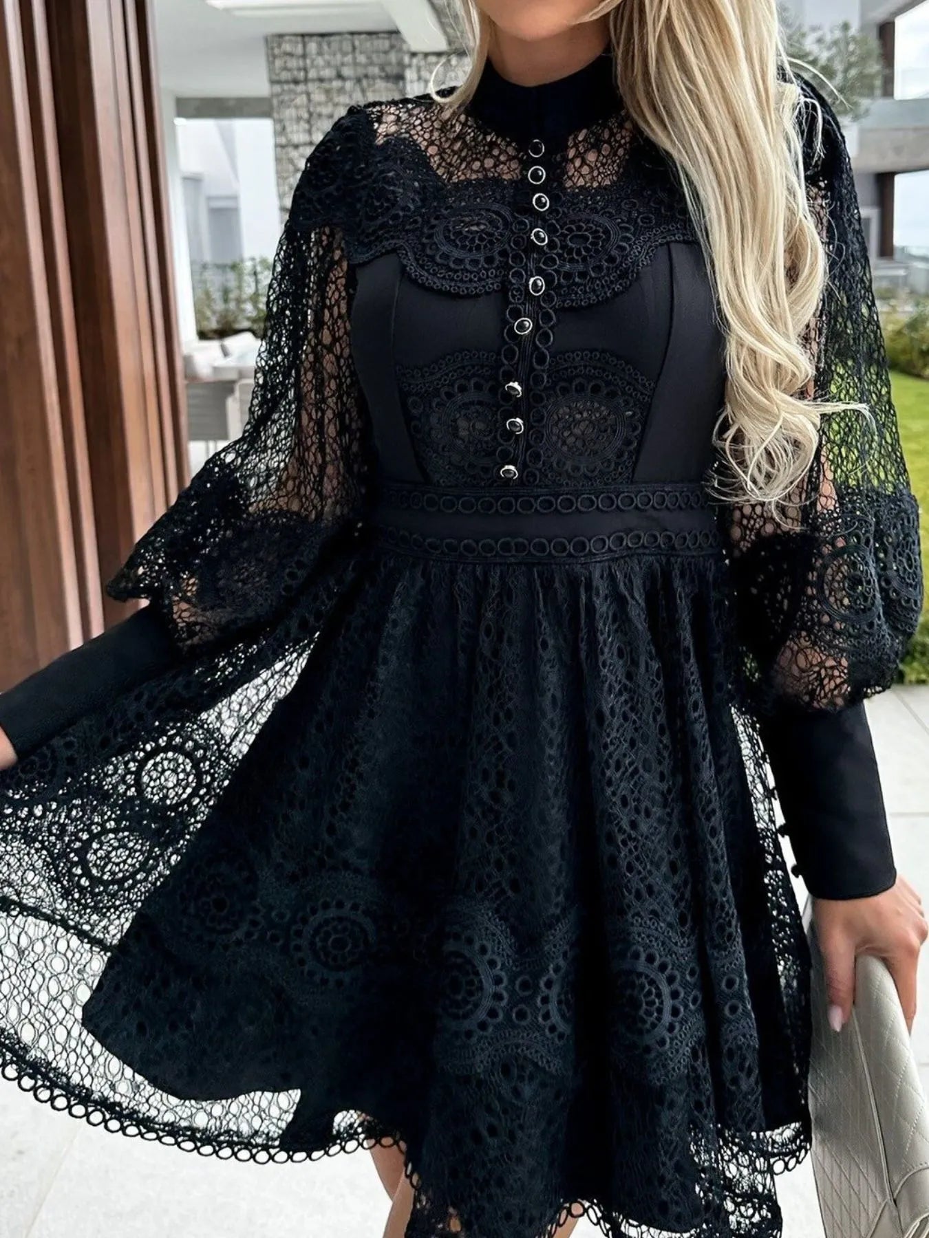 Lace Lantern Sleeve Mini Dress