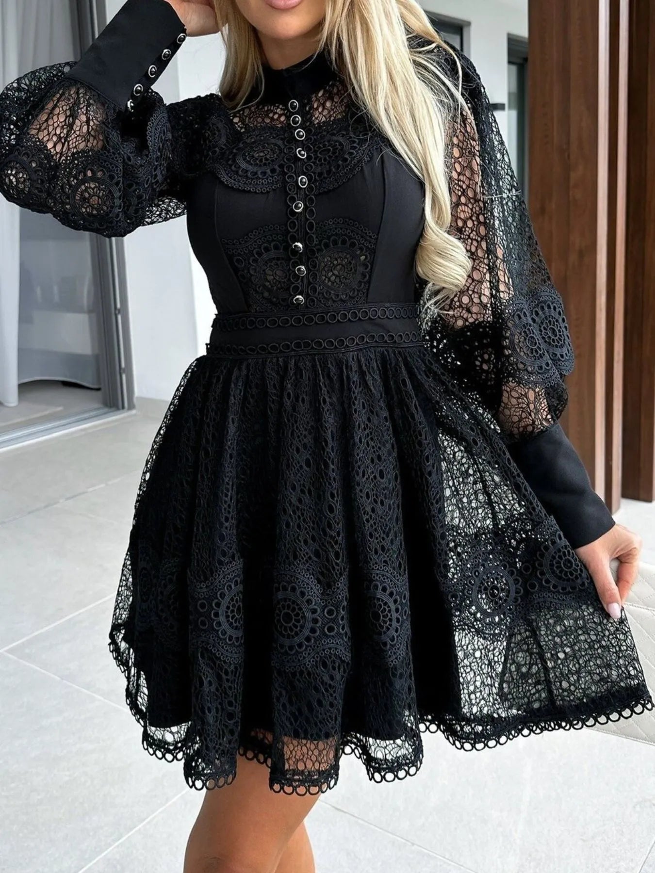 Lace Lantern Sleeve Mini Dress Black / S
