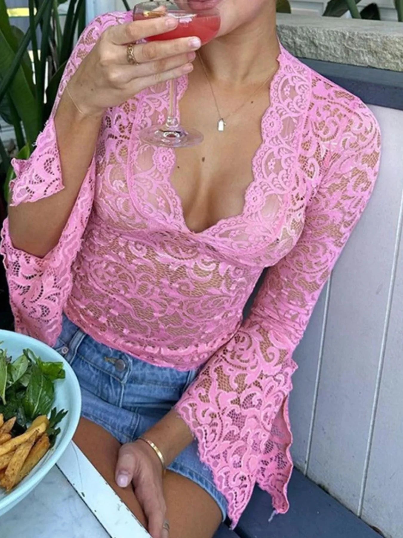Lace Long Sleeve Deep V-Neck Blouse