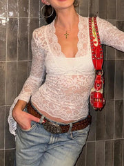 Lace Long Sleeve Deep V-Neck Blouse White / S