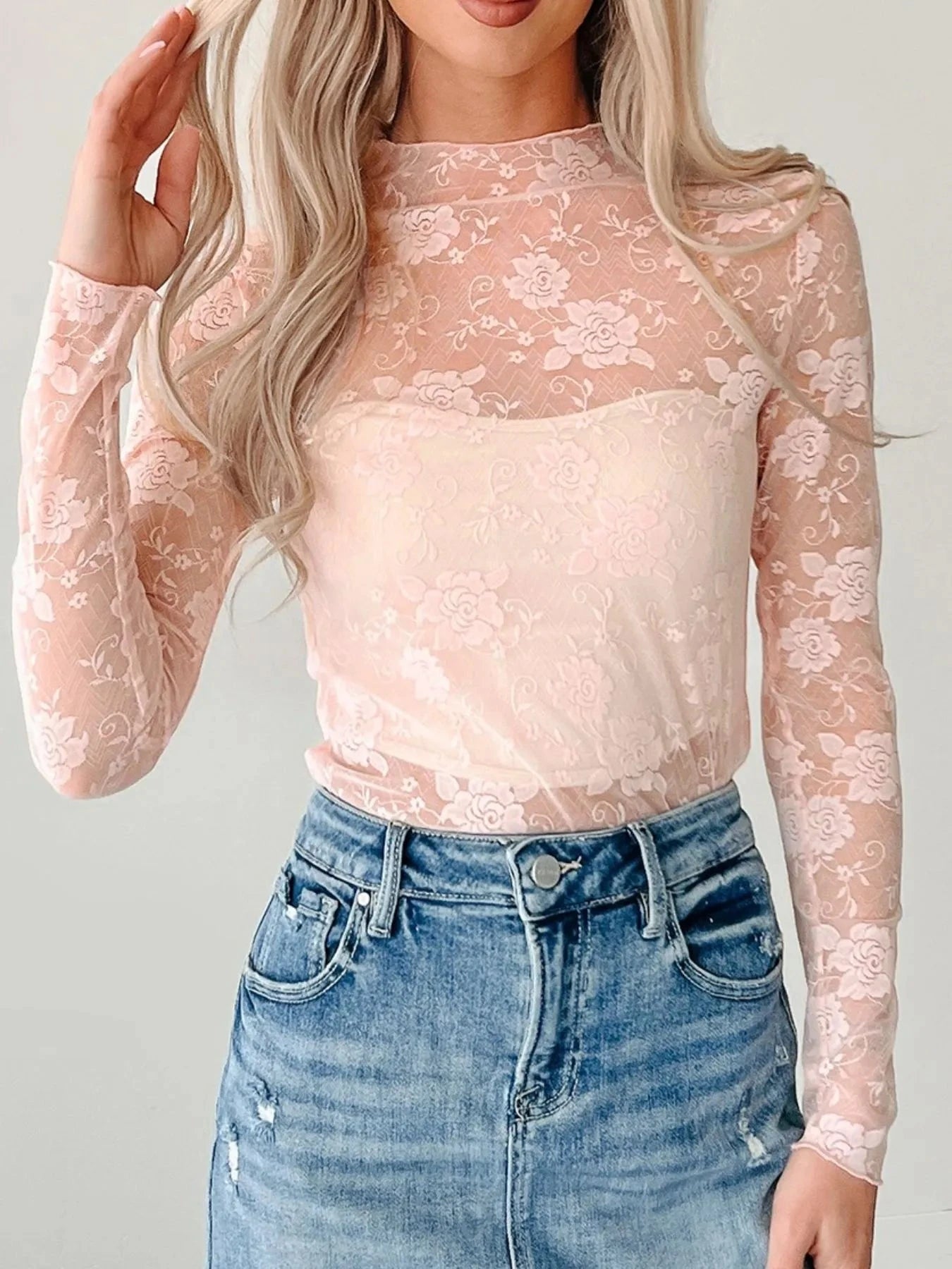 Lace Mock Neck Long Sleeve Blouse