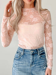 Lace Mock Neck Long Sleeve Blouse