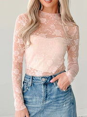 Lace Mock Neck Long Sleeve Blouse