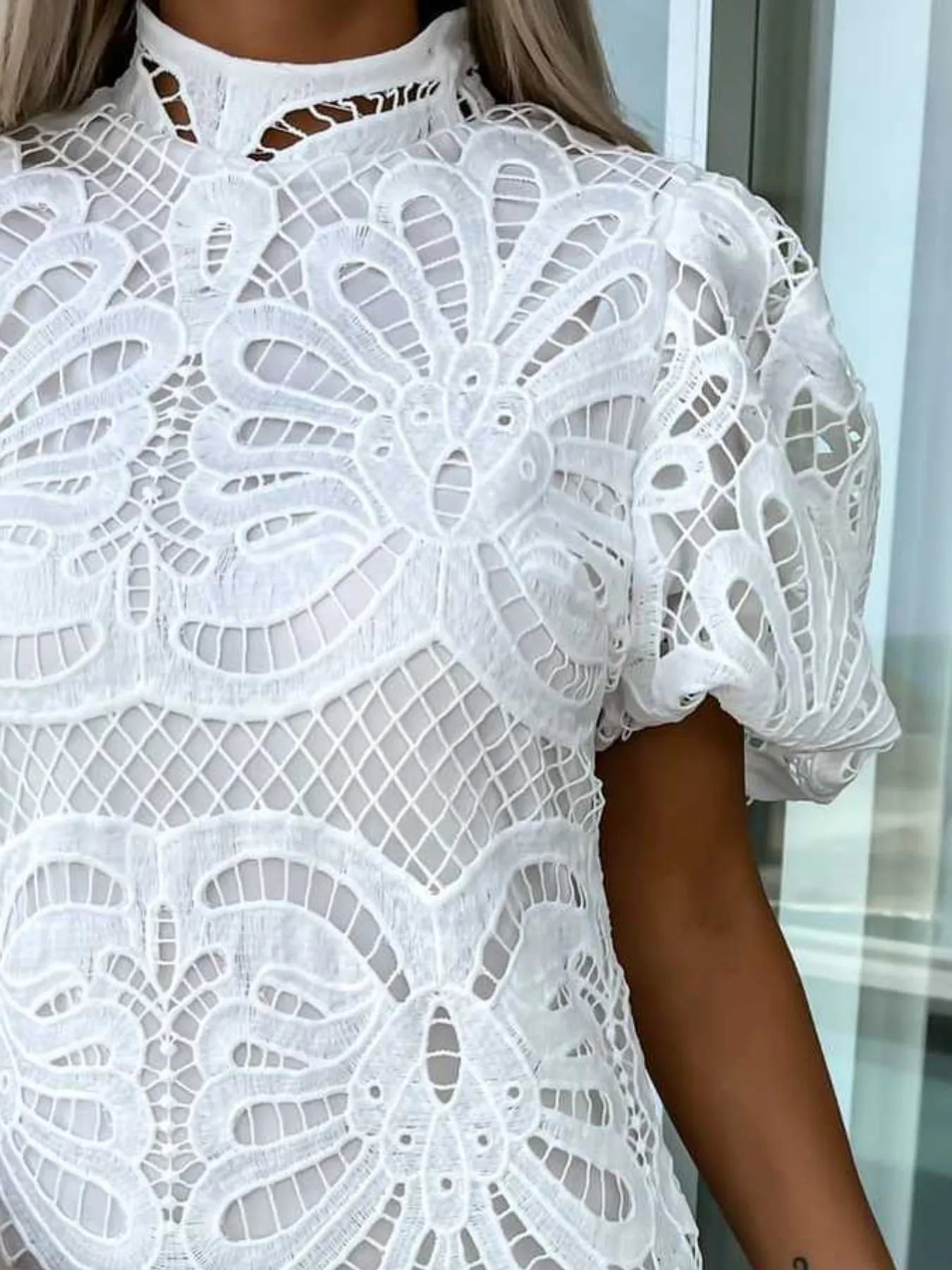 Lace Mock Neck Puff Sleeve Dress