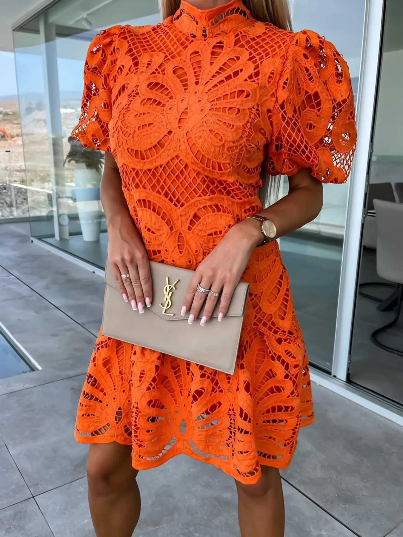 Lace Mock Neck Puff Sleeve Dress