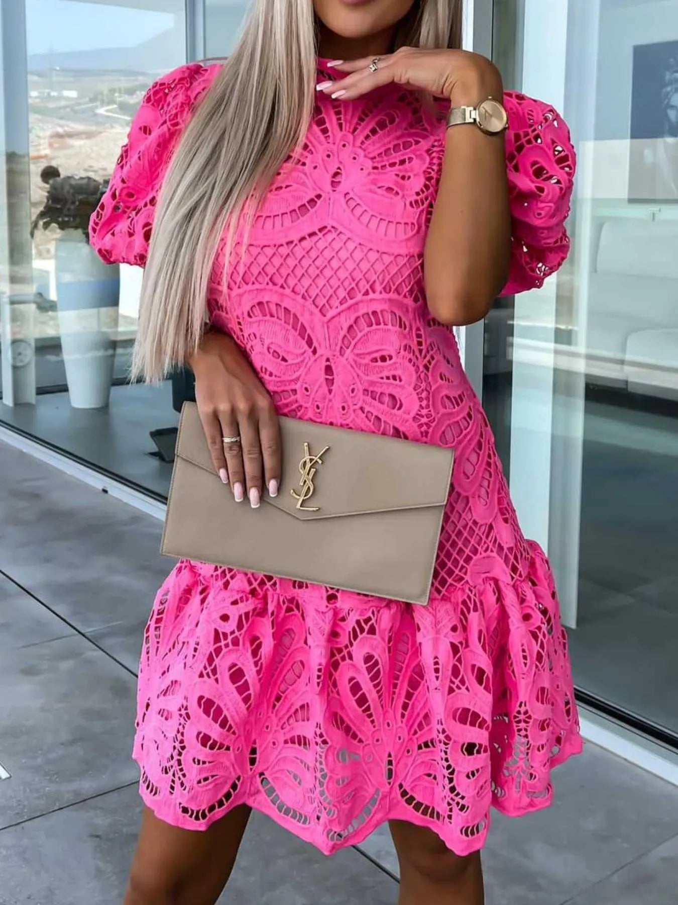 Lace Mock Neck Puff Sleeve Dress
