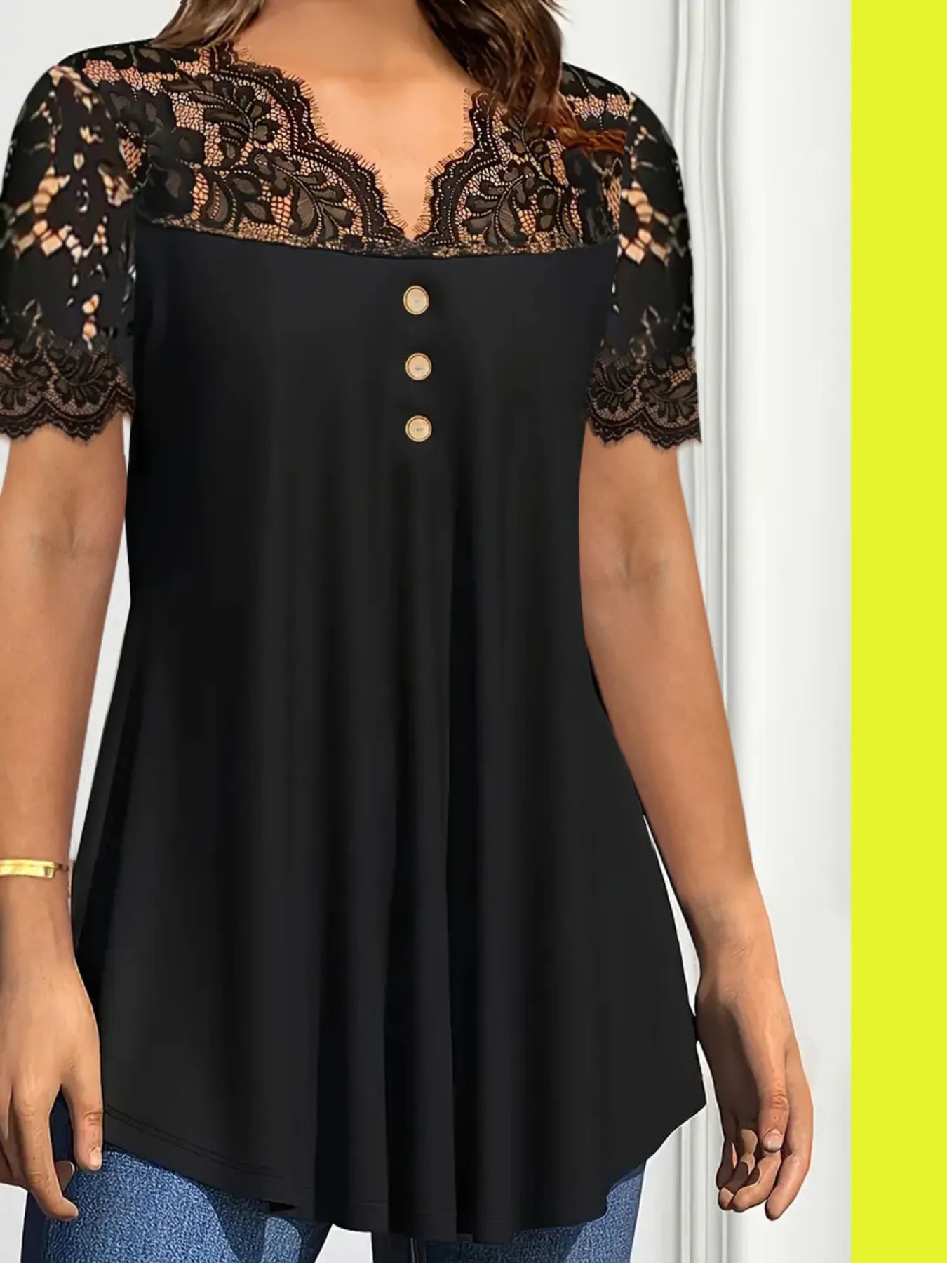 Lace Panel Short Sleeve Blouse Black / S